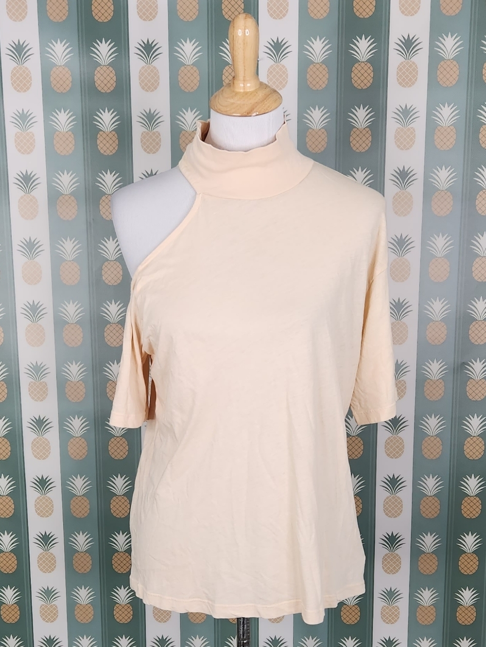 LAMade Cream One-Shoulder Mock Neck Top